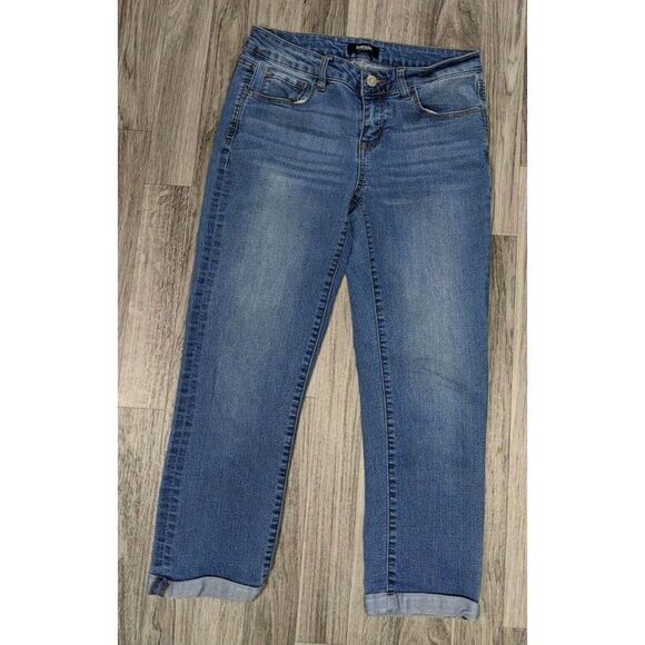 (3/$35) Kensie Womens Size 26 Pockets Cuffed Whiskered Denim Blue Jeans Capris - Picture 1 of 11
